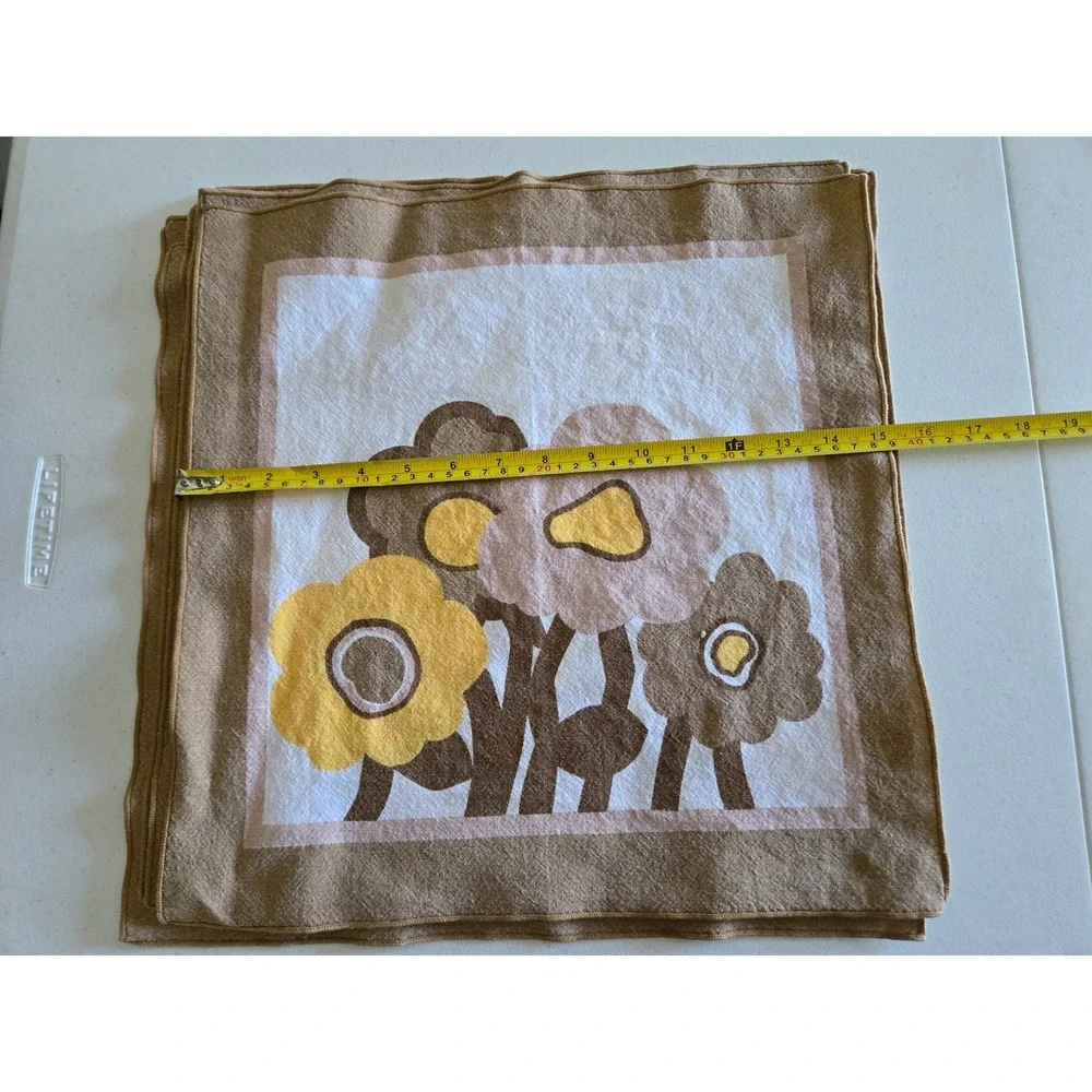 Vintage 70s Floral Cloth Napkins Set of 6 Brown Tan Yellow Retro MCM Mid-Century